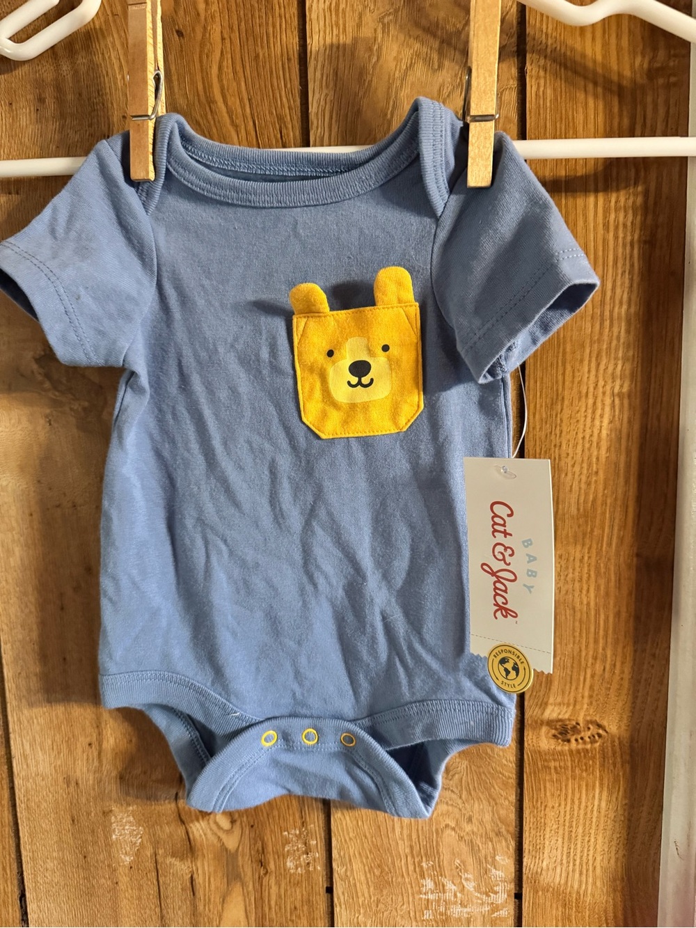 Cat & Jack Blue Baby One-Piece with Yellow Bear Pocket